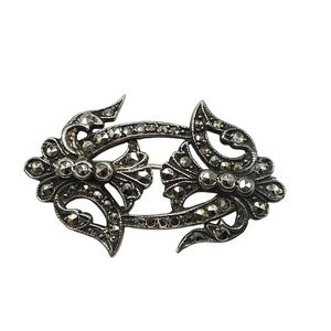 Sterling Silver Marcasite Floral Openwork Bar Brooch Pin Antique